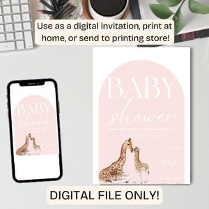 Giraffe baby girl shower invite, girly safari baby shower theme canva editable template, digital file only, giraffe baby shower invitation