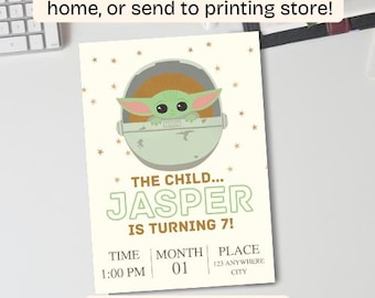 Plantilla editable de invitación de cumpleaños de Grogu Mandalorian, invitación de Grogu, Canva, descarga digital editable únicamente