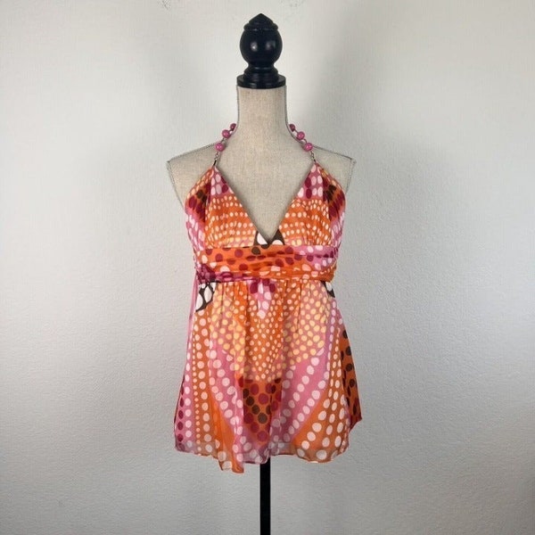 Milly Of New York Vintage Y2K Womens Silk Pink Beaded Halter Top Blouse Orange Polkadot Party City Girl Retro Colorful Festival 90s Fun