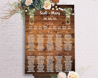 May include: A rustic wooden wedding seating chart with mason jar accents. The chart lists the names of guests assigned to different tables, labeled with numbers. The top of the chart reads "Scott & Mary" and "15th July 2024".