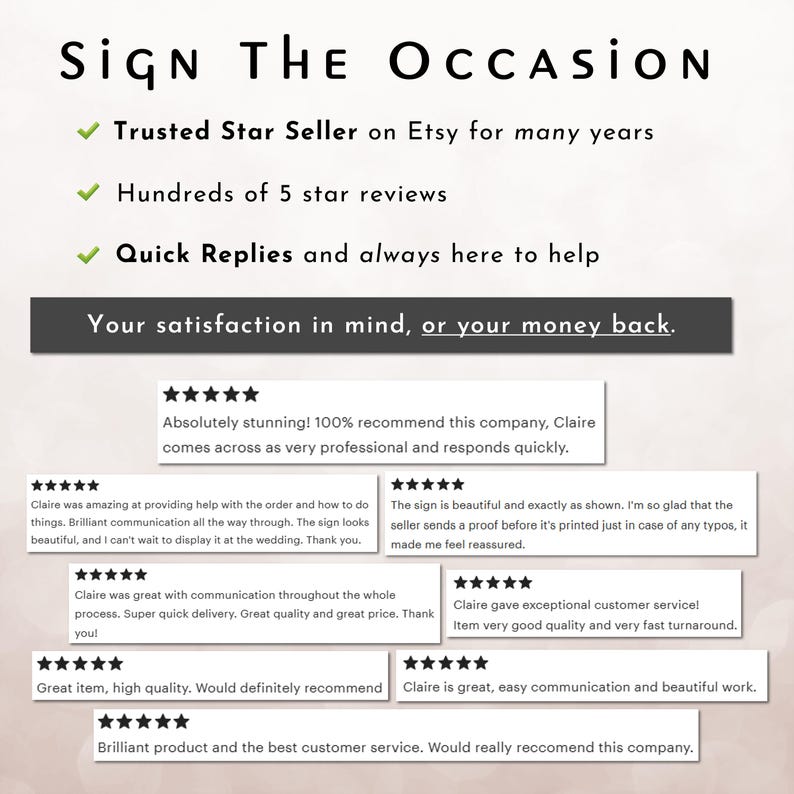 May include: A screenshot of a website with customer reviews for a sign making company. The reviews are all positive and praise the company's communication, quality, and speed of delivery. The website also states that the company is a trusted star seller on Etsy and has hundreds of 5-star reviews.