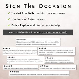 May include: A screenshot of a website with customer reviews for a sign making company. The reviews are all positive and praise the company's communication, quality, and speed of delivery. The website also states that the company is a trusted star seller on Etsy and has hundreds of 5-star reviews.