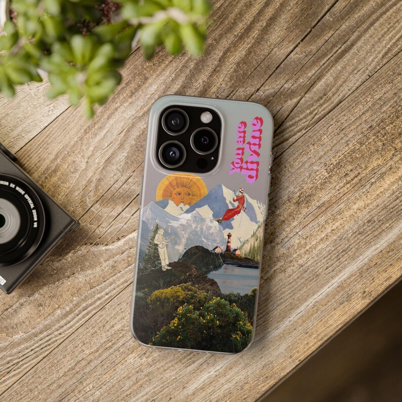 You Are Divine Phone Case | Retro Sun Mountain Collage, Lighthouse, Boho Celestial Flexi Case, Affirmation Quote, Gift for Her, iPhone image 9