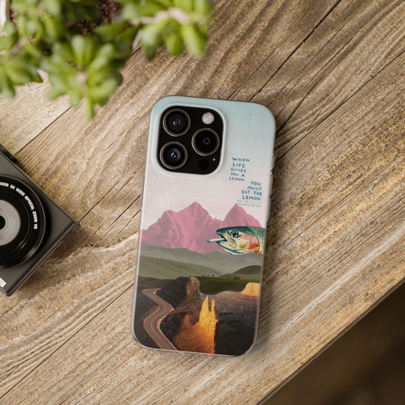 Trout Phone Case | Pink Mountain Collage Flexi Case, Surreal Retro Art, Funny Lemon Quote, Fly Fishing Gift, iPhone Case image 9