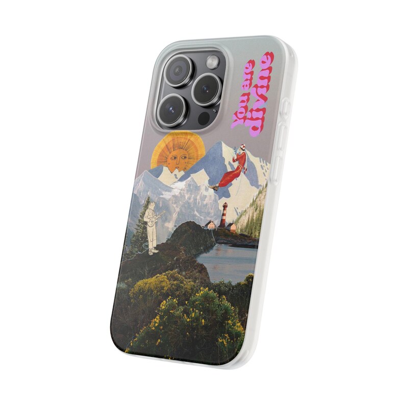 You Are Divine Phone Case | Retro Sun Mountain Collage, Lighthouse, Boho Celestial Flexi Case, Affirmation Quote, Gift for Her, iPhone image 2