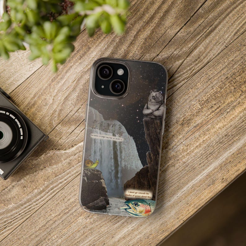 Bear Waterfall Phone Case | Dark Moody Collage Art, Night Sky Mountain Scene, Trout & Snail, Funny Quote, Nature Lover Gift, iPhone Flexi image 9