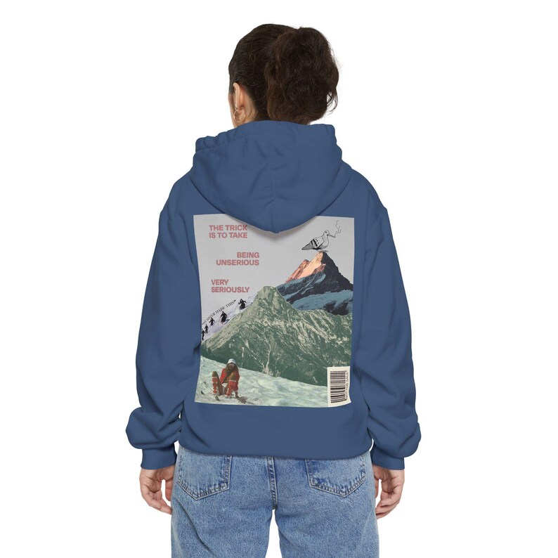 Unserious Hoodie | Take Being Unserious Very Seriously, Retro Mountain Collage Back Print, Comfort Colors Garment-Dyed, Ski Bum Gift image 6