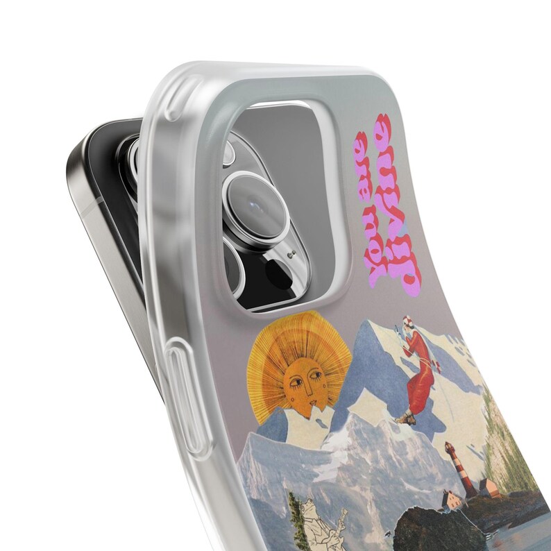 You Are Divine Phone Case | Retro Sun Mountain Collage, Lighthouse, Boho Celestial Flexi Case, Affirmation Quote, Gift for Her, iPhone image 13
