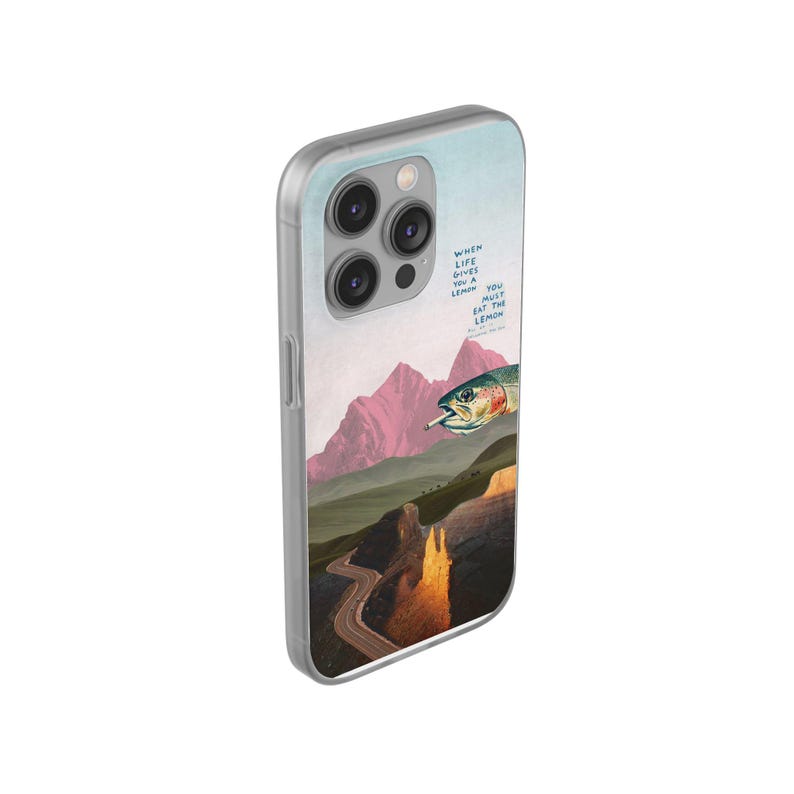 Trout Phone Case | Pink Mountain Collage Flexi Case, Surreal Retro Art, Funny Lemon Quote, Fly Fishing Gift, iPhone Case image 12