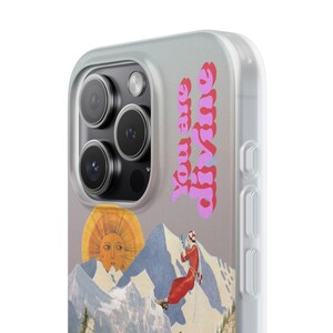 You Are Divine Phone Case | Retro Sun Mountain Collage, Lighthouse, Boho Celestial Flexi Case, Affirmation Quote, Gift for Her, iPhone image 4