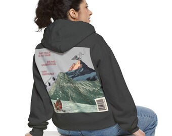 May include: A charcoal gray hooded sweatshirt featuring a large back graphic of a mountain landscape with a pigeon, a skier, and the text: THE TRICK IS TO TAKE BEING UNSERIOUS VERY SERIOUSLY. A small barcode graphic is printed in the bottom right corner.