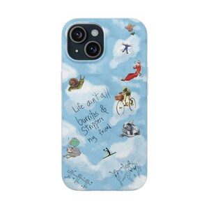 Whimsical Cloud Doodle Phone Case | Funny Handwritten Quote, Frog on Bike, Snail, Sketchy Collage Art, Light Blue Flexi Case, iPhone image 1