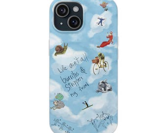 Whimsical Cloud Doodle Phone Case | Funny Handwritten Quote, Frog on Bike, Snail, Sketchy Collage Art, Light Blue Flexi Case, iPhone