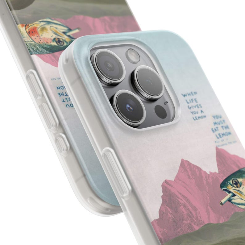 Trout Phone Case | Pink Mountain Collage Flexi Case, Surreal Retro Art, Funny Lemon Quote, Fly Fishing Gift, iPhone Case image 3