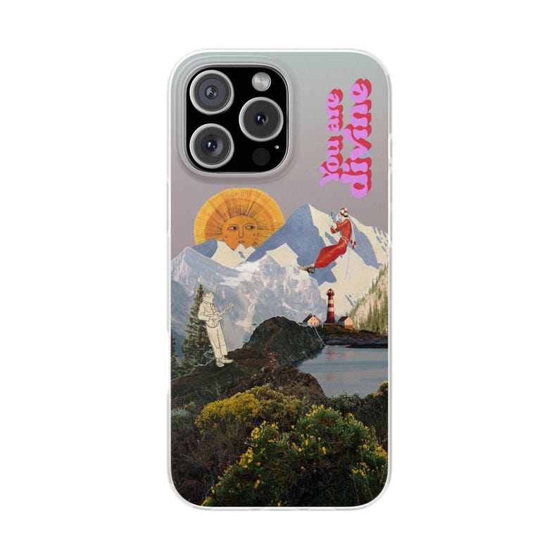 You Are Divine Phone Case | Retro Sun Mountain Collage, Lighthouse, Boho Celestial Flexi Case, Affirmation Quote, Gift for Her, iPhone image 14