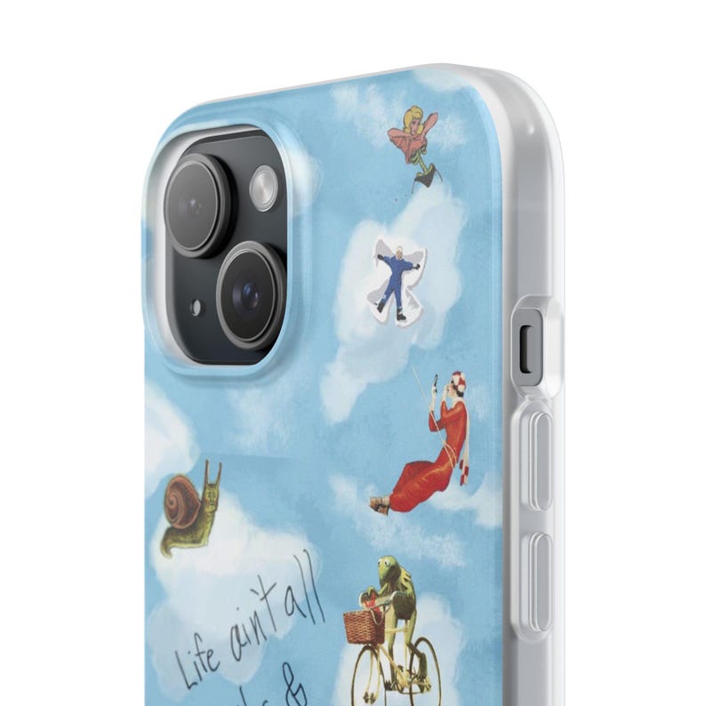 Whimsical Cloud Doodle Phone Case | Funny Handwritten Quote, Frog on Bike, Snail, Sketchy Collage Art, Light Blue Flexi Case, iPhone image 4