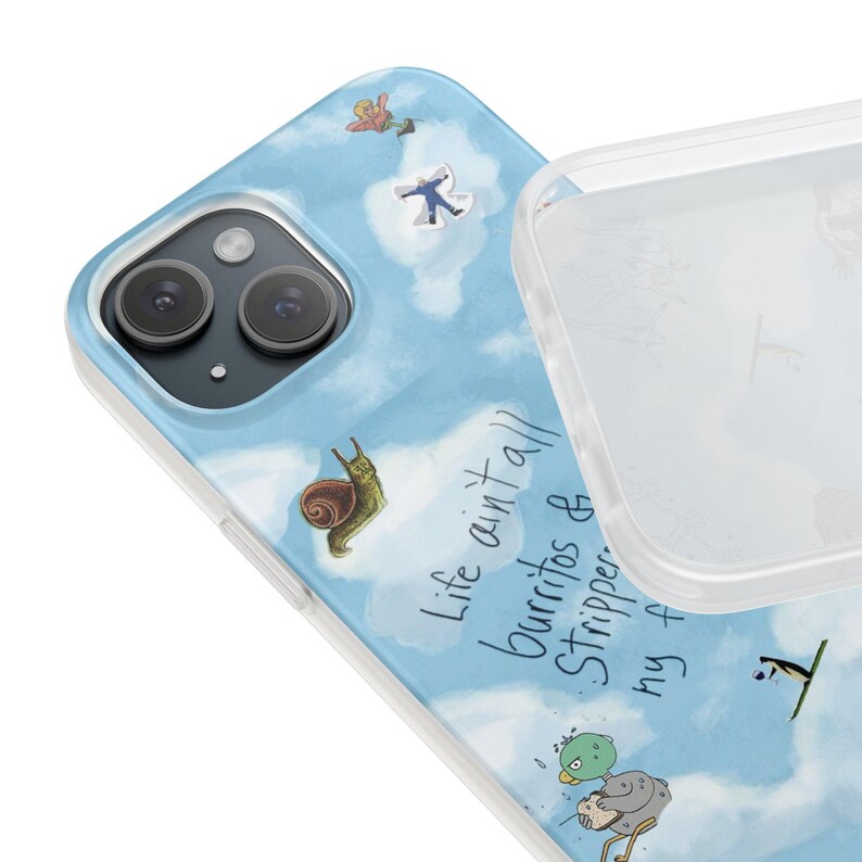 Whimsical Cloud Doodle Phone Case | Funny Handwritten Quote, Frog on Bike, Snail, Sketchy Collage Art, Light Blue Flexi Case, iPhone image 7