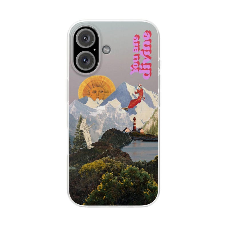 You Are Divine Phone Case | Retro Sun Mountain Collage, Lighthouse, Boho Celestial Flexi Case, Affirmation Quote, Gift for Her, iPhone image 17