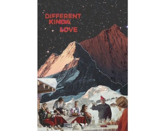 May include: A group of people gathered around a table in a snowy mountain setting. They are enjoying a meal together. The text "DIFFERENT KINDA LOVE" is written in red letters on a black background with stars.