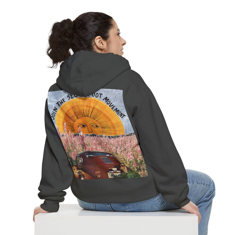 Slow Foot Movement Hoodie | Retro Sun & Wildflower Collage Back Print, Slow Living Road Trip Aesthetic, Comfort Colors Garment-Dyed image 5