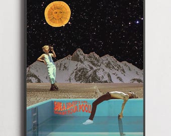 May include: A collage image with a starry night sky, a sun with a face, a mountain range, and a person in a swimming pool. The text "Save a skater's life... Drain your pool!" is written on the side of the pool.