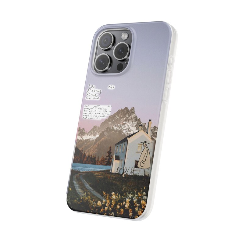Mountain Cottage Phone Case | Pastel Lavender Sky Collage, Cottagecore Wildflower Cabin, Handwritten Poem Quote, Boho Flexi Case, iPhone image 11