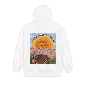 Slow Foot Movement Hoodie | Retro Sun & Wildflower Collage Back Print, Slow Living Road Trip Aesthetic, Comfort Colors Garment-Dyed image 1