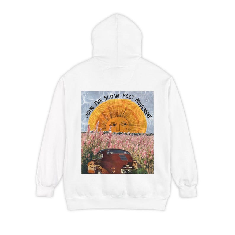 Slow Foot Movement Hoodie | Retro Sun & Wildflower Collage Back Print, Slow Living Road Trip Aesthetic, Comfort Colors Garment-Dyed image 1