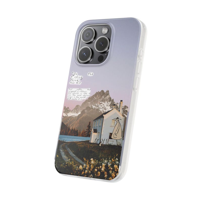 Mountain Cottage Phone Case | Pastel Lavender Sky Collage, Cottagecore Wildflower Cabin, Handwritten Poem Quote, Boho Flexi Case, iPhone image 2