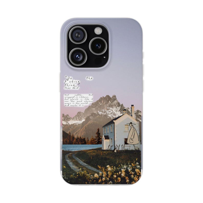 Mountain Cottage Phone Case | Pastel Lavender Sky Collage, Cottagecore Wildflower Cabin, Handwritten Poem Quote, Boho Flexi Case, iPhone image 1