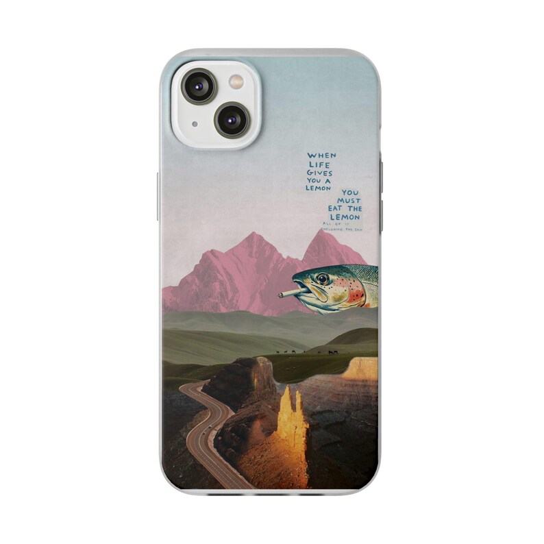 Trout Phone Case | Pink Mountain Collage Flexi Case, Surreal Retro Art, Funny Lemon Quote, Fly Fishing Gift, iPhone Case image 16