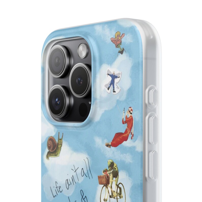 Whimsical Cloud Doodle Phone Case | Funny Handwritten Quote, Frog on Bike, Snail, Sketchy Collage Art, Light Blue Flexi Case, iPhone image 13