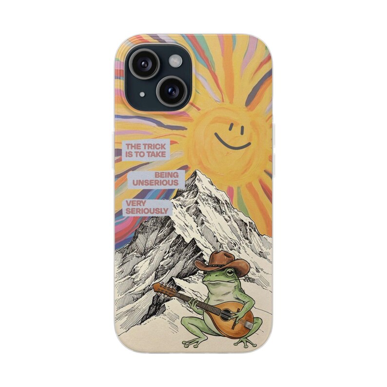 Frog with Guitar Phone Case | Retro Smiling Sun Mountain Collage, Cottagecore Boho Flexi Case, Funny Quote, Cute Frog Gift, iPhone image 1