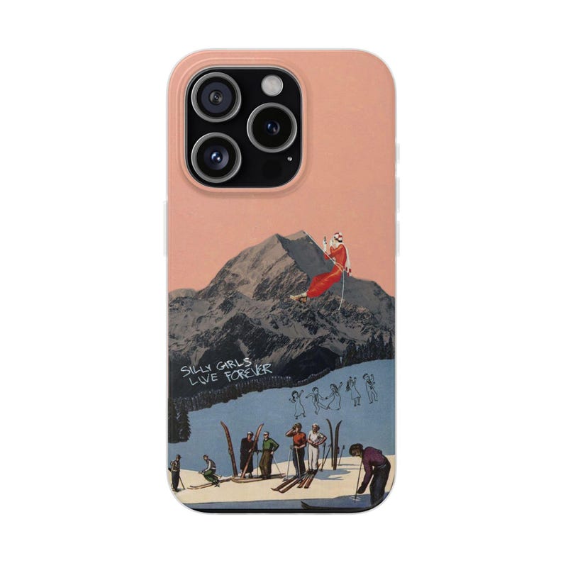 Retro Ski Phone Case | Silly Girls Live Forever, Vintage Ski Jump Collage, Pink Mountain Flexi Case, Skier Gift, Ski Bum, iPhone image 1