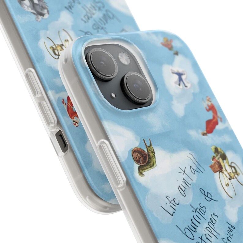 Whimsical Cloud Doodle Phone Case | Funny Handwritten Quote, Frog on Bike, Snail, Sketchy Collage Art, Light Blue Flexi Case, iPhone image 3