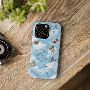 Whimsical Cloud Doodle Phone Case | Funny Handwritten Quote, Frog on Bike, Snail, Sketchy Collage Art, Light Blue Flexi Case, iPhone image 18