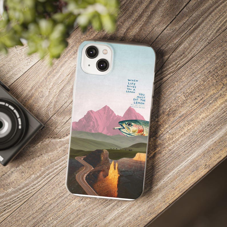 Trout Phone Case | Pink Mountain Collage Flexi Case, Surreal Retro Art, Funny Lemon Quote, Fly Fishing Gift, iPhone Case image 20