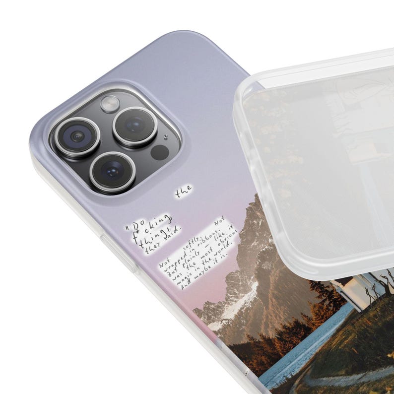 Mountain Cottage Phone Case | Pastel Lavender Sky Collage, Cottagecore Wildflower Cabin, Handwritten Poem Quote, Boho Flexi Case, iPhone image 16