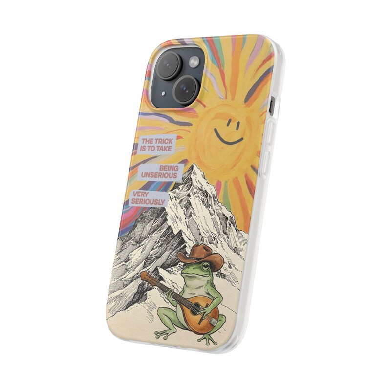 Frog with Guitar Phone Case | Retro Smiling Sun Mountain Collage, Cottagecore Boho Flexi Case, Funny Quote, Cute Frog Gift, iPhone image 2