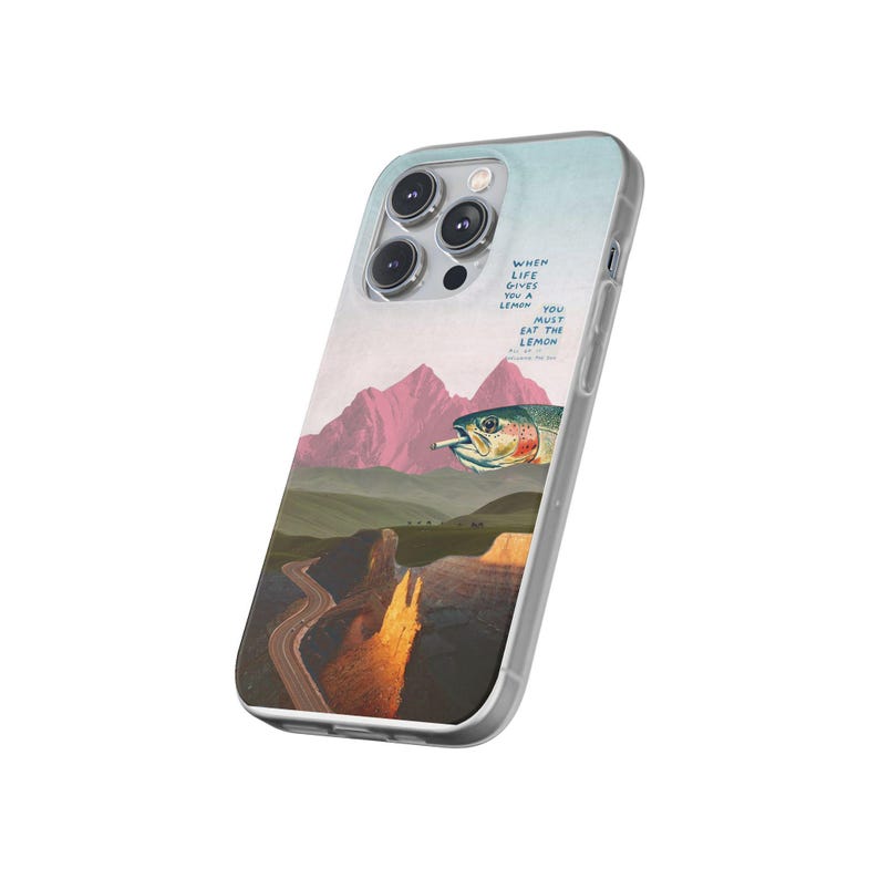 Trout Phone Case | Pink Mountain Collage Flexi Case, Surreal Retro Art, Funny Lemon Quote, Fly Fishing Gift, iPhone Case image 13