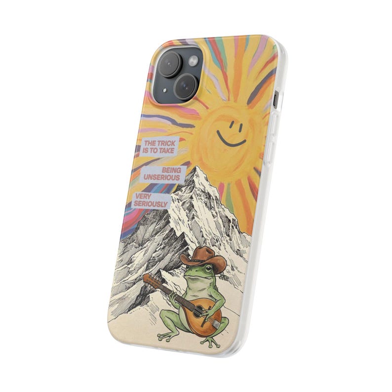 Frog with Guitar Phone Case | Retro Smiling Sun Mountain Collage, Cottagecore Boho Flexi Case, Funny Quote, Cute Frog Gift, iPhone image 20