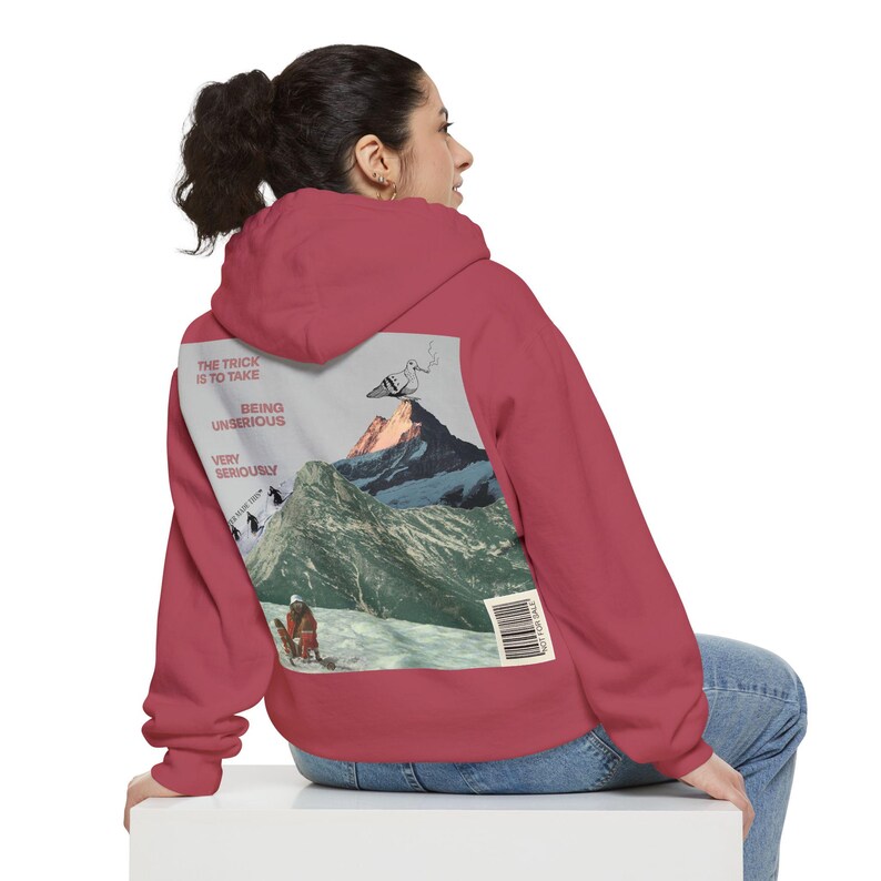 Unserious Hoodie | Take Being Unserious Very Seriously, Retro Mountain Collage Back Print, Comfort Colors Garment-Dyed, Ski Bum Gift image 7