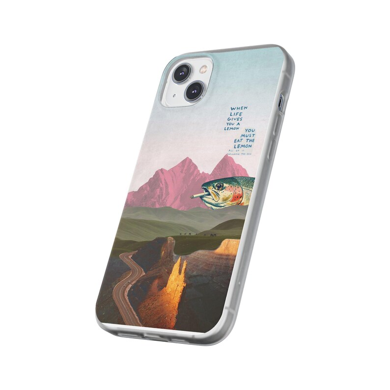 Trout Phone Case | Pink Mountain Collage Flexi Case, Surreal Retro Art, Funny Lemon Quote, Fly Fishing Gift, iPhone Case image 19
