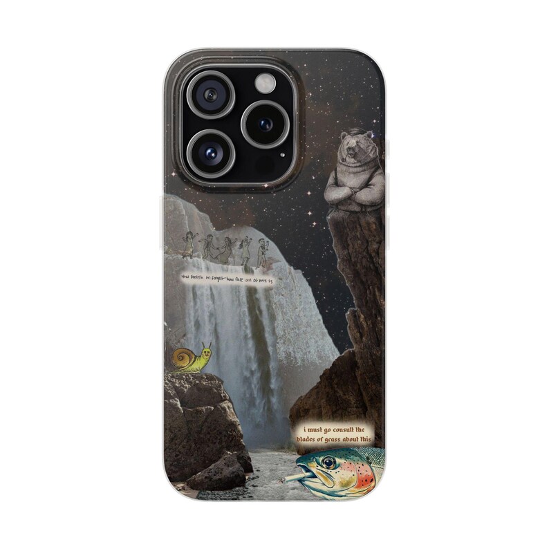 Bear Waterfall Phone Case | Dark Moody Collage Art, Night Sky Mountain Scene, Trout & Snail, Funny Quote, Nature Lover Gift, iPhone Flexi image 10