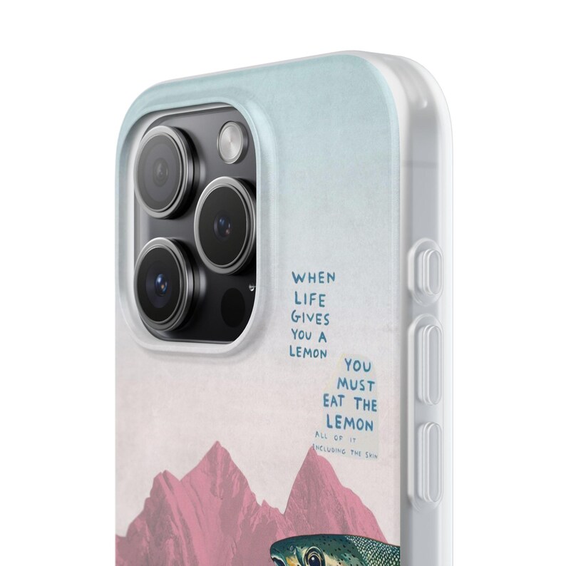 Trout Phone Case | Pink Mountain Collage Flexi Case, Surreal Retro Art, Funny Lemon Quote, Fly Fishing Gift, iPhone Case image 4
