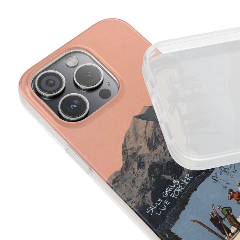 Retro Ski Phone Case | Silly Girls Live Forever, Vintage Ski Jump Collage, Pink Mountain Flexi Case, Skier Gift, Ski Bum, iPhone image 7