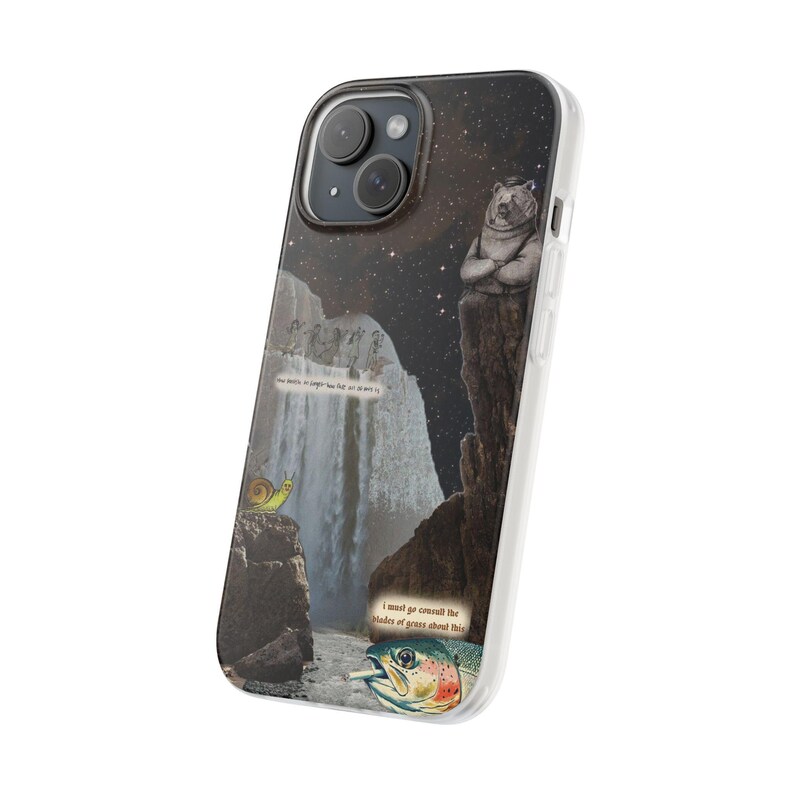 Bear Waterfall Phone Case | Dark Moody Collage Art, Night Sky Mountain Scene, Trout & Snail, Funny Quote, Nature Lover Gift, iPhone Flexi image 2