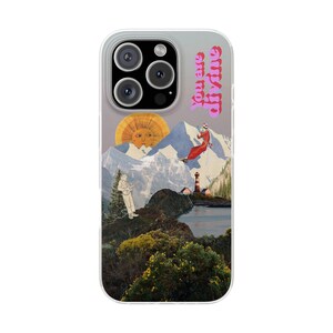 You Are Divine Phone Case | Retro Sun Mountain Collage, Lighthouse, Boho Celestial Flexi Case, Affirmation Quote, Gift for Her, iPhone image 11