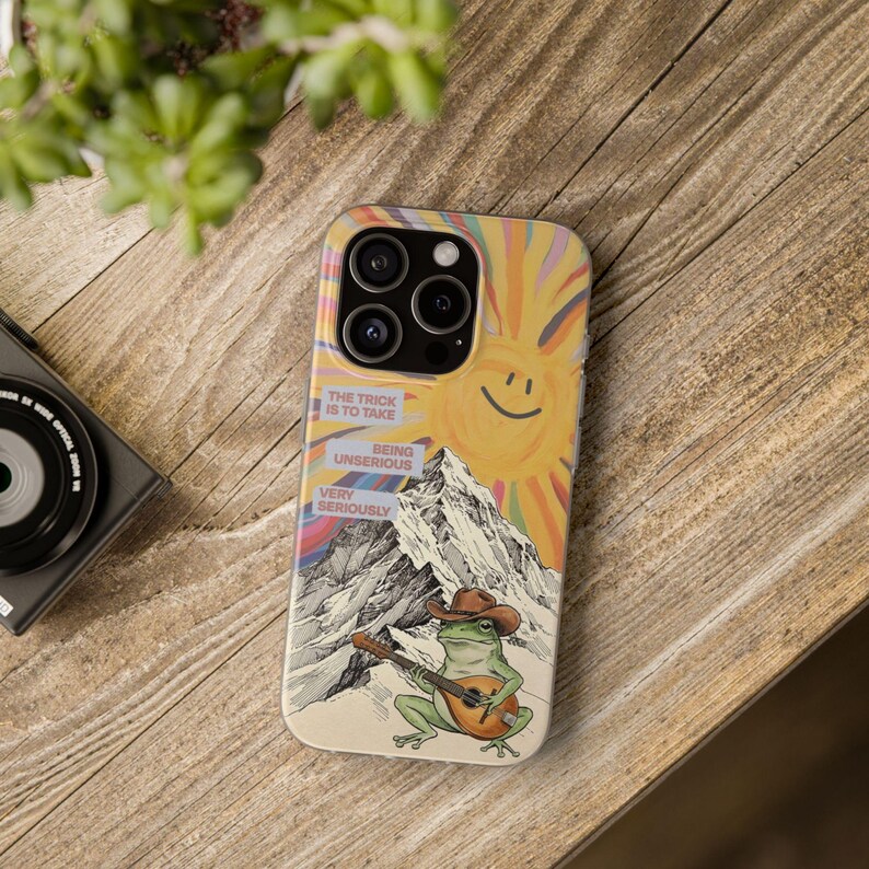 Frog with Guitar Phone Case | Retro Smiling Sun Mountain Collage, Cottagecore Boho Flexi Case, Funny Quote, Cute Frog Gift, iPhone image 18