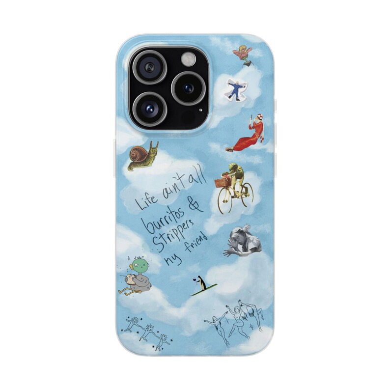 Whimsical Cloud Doodle Phone Case | Funny Handwritten Quote, Frog on Bike, Snail, Sketchy Collage Art, Light Blue Flexi Case, iPhone image 10